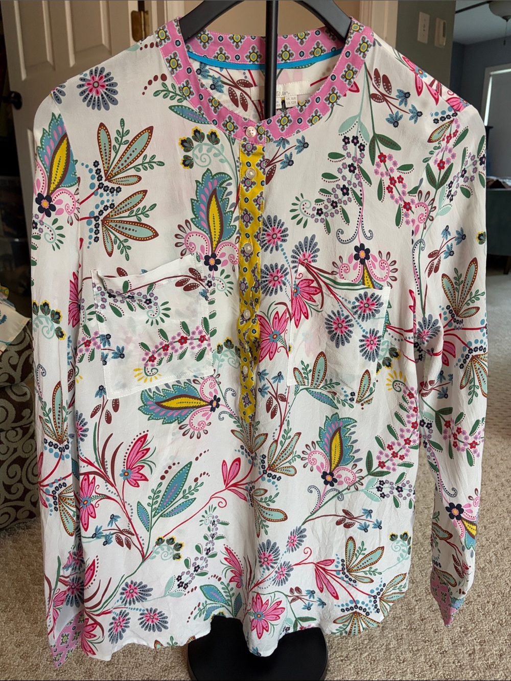 Boden White Floral Paisley Blouse with Pink, Teal & Yellow Accents